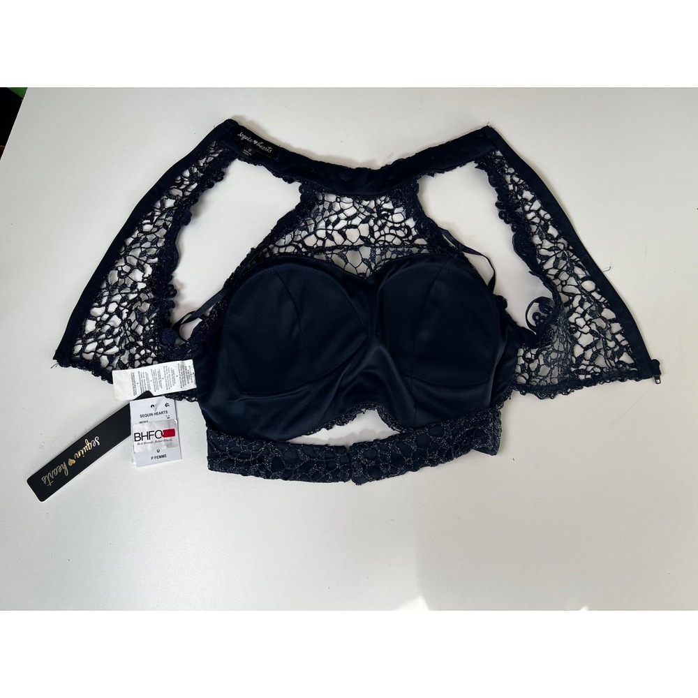Sequin Hearts Navy Blue Lace Halter Crop Top Size 0‎ NWT - Picture 4 of 10